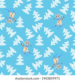 Seamless print with raccoons skiers in a snowy winter coniferous forest.