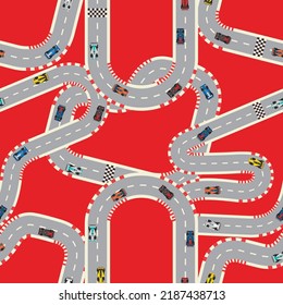 Seamless print Race track, racing cars and colorful and fun icons, adventure and speed. Fast children's cars. Top view background