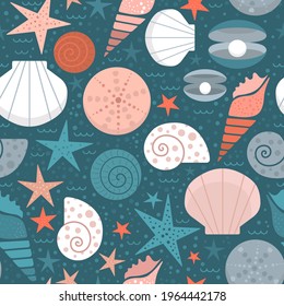 Seamless print with seashells and beautiful underwater mollusks. Decorative pattern with pink and orange color stylized shells and starfishes. Lovely endless background on dark blue. Textile design