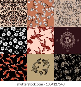 Seamless print, and set of prints: leopard spots, magnolia, tattoo elements, white flowers on a black background, fish, wreath with leaves, crown, floral pattern.Fashion vector illustration.