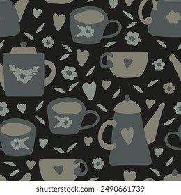 Seamless print with tea, coffee for kitchen textiles. Monochrome gray repeat pattern with cup, teapot. Texture for decorating cafe, restaurant, school canteen, buffet. Hand drawn cartoon kettle, mug.