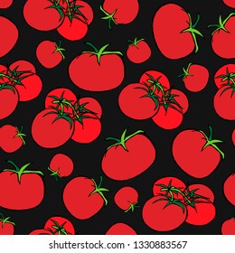 Seamless print of tomatoes on a black background. Vector graphics.