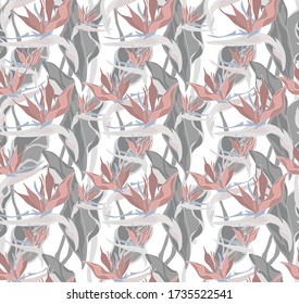 Seamless print of tropical flowers on a transparent background. Strelitzia flower in large leaves