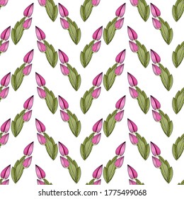 Seamless print of tulip buds, vertical borders of bright pink flowers and green leaves. White background. Great for decorating fabrics, textiles, gift wrapping, printed matter, interiors, advertising.