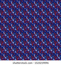 Seamless Print. Vector illustration. Flat doodles. Design. Elements black, blue and red on colors. Cute fabric pattern.