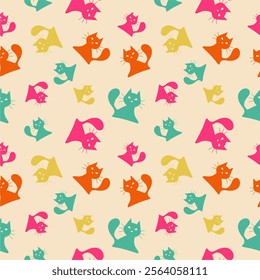 Seamless print wallpaper background with cats art decor design endless vector illustration for textile, paper, pack etc	
