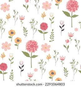 Seamless print with wild flowers and herbs on a white background.
