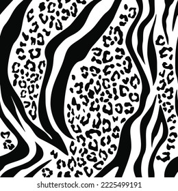 Seamless print zebra leopard vector texture mix, trendy animal black and white design