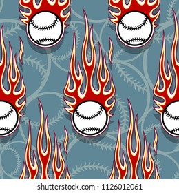 Seamless printable pattern with baseball softball balls and hot rod flames. Vector illustration. Ideal for wallpaper packaging fabric textile paper print design and any decoration.