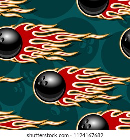 Seamless printable pattern with bowling balls and hot rod flames. Vector illustration. Ideal for wallpaper packaging fabric textile paper print design and any decoration.