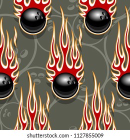 Seamless printable pattern with bowling balls and hot rod flames. Vector illustration. Ideal for wallpaper packaging fabric textile paper print design and any decoration.