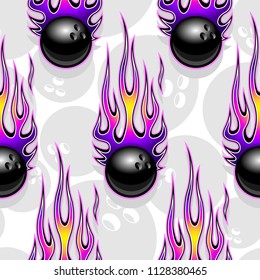 Seamless printable pattern with bowling balls and hot rod flames. Vector illustration. Ideal for wallpaper packaging fabric textile paper print design and any decoration.