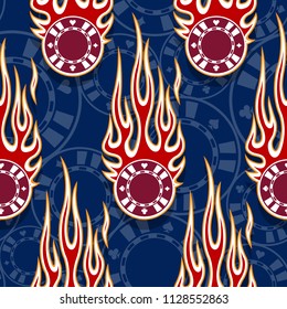 Seamless printable pattern with casino poker chips symbols and hot rod flames. Digital vector illustration. Ideal for wallpaper packaging fabric textile paper print design.