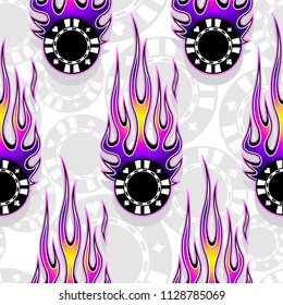 Seamless printable pattern with casino poker chips symbols and hot rod flames. Digital vector illustration. Ideal for wallpaper packaging fabric textile paper print design.