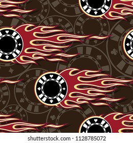 Seamless printable pattern with casino poker chips symbols and hot rod flames. Digital vector illustration. Ideal for wallpaper packaging fabric textile paper print design.