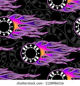 Seamless printable pattern with casino poker chips symbols and hot rod flames. Digital vector illustration. Ideal for wallpaper packaging fabric textile paper print design.