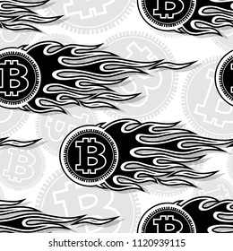 Seamless printable pattern with digital bitcoin crypto currency and hot rod flames. Vector illustration. Ideal for wallpaper packaging fabric textile paper print design.