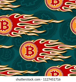 Seamless printable pattern with digital bitcoin crypto currency and hot rod flames. Vector illustration. Ideal for wallpaper packaging fabric textile paper print design.