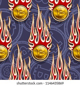 Seamless printable pattern with digital bitcoin crypto currency and hot rod flames. Vector illustration. Ideal for wallpaper packaging fabric textile paper print design.