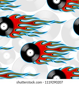Seamless printable pattern with retro vintage vinyl record icon and hot rod flames. Digital vector illustration. Ideal for wallpaper packaging fabric textile paper print design.