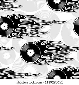 Seamless printable pattern with retro vintage vinyl record icon and hot rod flames. Digital vector illustration. Ideal for wallpaper packaging fabric textile paper print design.