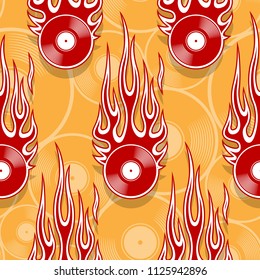 Seamless printable pattern with retro vintage vinyl record icon and hot rod flames. Digital vector illustration. Ideal for wallpaper packaging fabric textile paper print design.