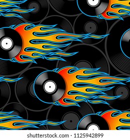 Seamless printable pattern with retro vintage vinyl record icon and hot rod flames. Digital vector illustration. Ideal for wallpaper packaging fabric textile paper print design.