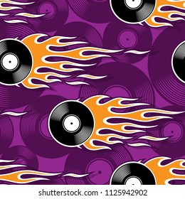 Seamless printable pattern with retro vintage vinyl record icon and hot rod flames. Digital vector illustration. Ideal for wallpaper packaging fabric textile paper print design.