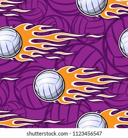 Seamless printable pattern with volleyball balls and hot rod flames. Vector illustration. Ideal for wallpaper, packaging, fabric, textile, paper print design and any decoration.