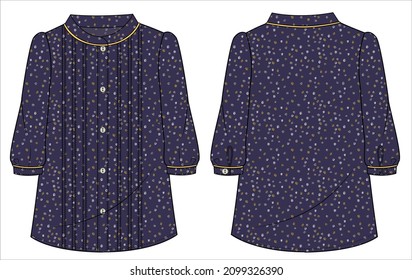 Seamless printed Pintucks front open woven top with three fourth sleeves for women office wear in editable vector file