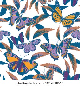Seamless printed vector design with butterflies and flowers.