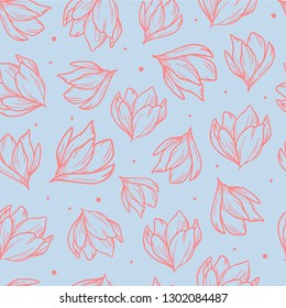 Seamless print/pattern created from hand drawn flowers on a dark blue background. Perfect for textile or fabric prints, bedding, scrapbooking, stationery, wrapping paper, product package design ideas.