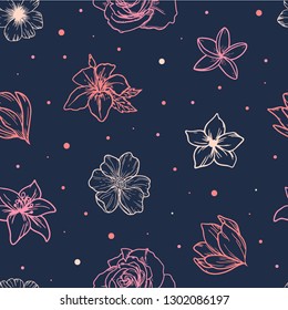 Seamless print/pattern created from hand drawn flowers on a dark blue background. Perfect for textile or fabric prints, bedding, scrapbooking, stationery, wrapping paper, product package design ideas.