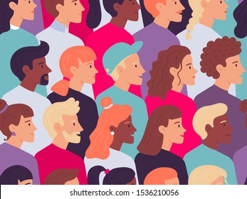 Seamless profile people pattern. Male and female faces side portrait crowd, young person profiles portraits. Various characters wallpaper, social protest demonstration vector illustration