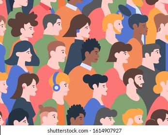 Seamless profile people pattern. Stylish men and women various hairstyles, young and elderly characters heads, modern people portraits. Social parade or protest crowd vector background