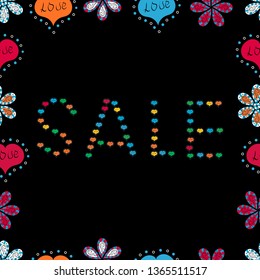 Seamless. Promotion offer with decoration on black, magenta and blue colors. Vector illustration. Card for saling. Spring background. Sale banner template with elements on colorful background.