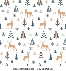 Seamless psttern with christmas trees and reindeer. Winter pattern