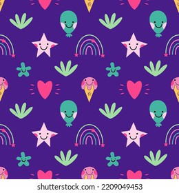 Seamless psychedelic background. Vaporwave 2000 Flower pattern. Wallpaper in style 90s. Printing on fabric and wrapping paper.