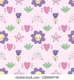 Seamless psychedelic background. Vaporwave 2000 Flower pattern. Wallpaper in style 90s. Printing on fabric and wrapping paper. Doodle set.