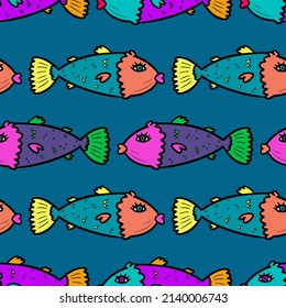 Seamless psychedelic fish vector pattern. Bright fishes in rows, pattern for textile, wrapping paper, backdrop