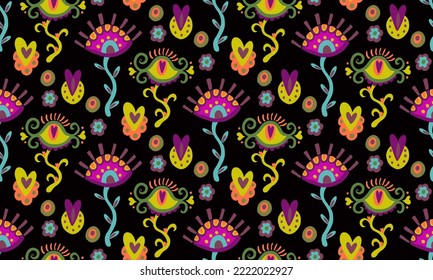 Nahtlose psychedelische, florale schwarze Muster. Rosa und grüne Blumenaugen, helle Wraps und Geschenkpapier. 