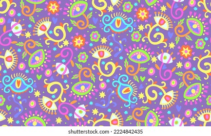 Nahtlose psychedelische, blumenviolette Muster. rosafarbene und grüne Blumenaugen auf violettem Hintergrund. Bettwäsche und Bekleidung aus Textilien. Umhüllung und Geschenkpapier. Decken Sie Bücher und scrapbooking. 