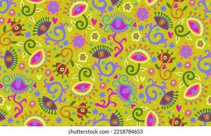 Seamless psychedelic floral yellow pattern. Pink and green flower eyes on green background. Bed linen and apparel textile. Wrapping and gift paper. Cover books and scrapbooking.