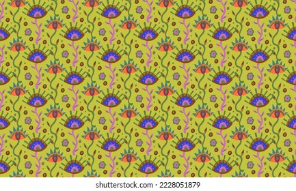 Patrón psicodélico amarillo floral sin foco. Ojos de flores rosas y verdes sobre fondo verde. Ropa de cama y vestimenta textil. Envoltura y papel de regalo. Libros de carátulas y reservas de recortes.