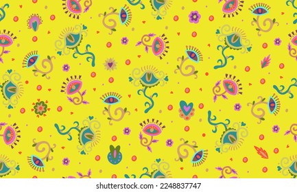 Seamless psychedelic floral yellow pattern. Pink and green flower eyes on yellow background. Bed linen and apparel textile. Wrapping and gift paper. Cover books and scrapbooking.