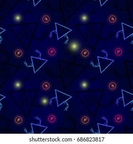 Seamless psychedelic pattern with all seeing third eye. Mystic esoteric boho chic hipster tattoo style. Fashion trend. Triangle pyramid and deer horns. Fabric abstract retro vintage disco pattern