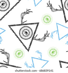 Seamless psychedelic pattern with all seeing third eye. Mystic esoteric boho chic hipster tattoo style. Fashion trend. Triangle pyramid and deer horns. Fabric abstract retro vintage disco pattern