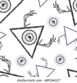 Seamless psychedelic pattern with all seeing third eye. Mystic esoteric boho chic hipster tattoo style. Fashion trend. Triangle pyramid and deer horns. Fabric abstract retro vintage disco pattern