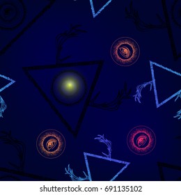 Seamless psychedelic pattern with all seeing third eye. Mystic esoteric boho chic hipster tattoo style. Fashion trend. Triangle pyramid and deer horns. Fabric abstract retro vintage disco pattern