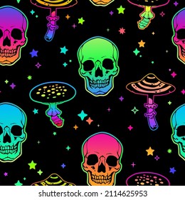 Seamless psychedelic pattern of bright poisonous mushrooms and human skulls